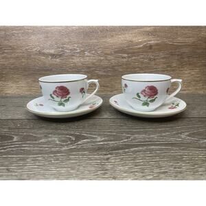 Ralph Lauren Daphne Tea Cup & Saucer w/Red Roses and Gold Trim ~ Set of 2
